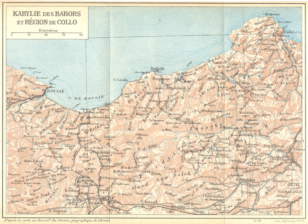 ALGERIA. Kabylie Babors Region de Collo 1909 old antique map plan chart