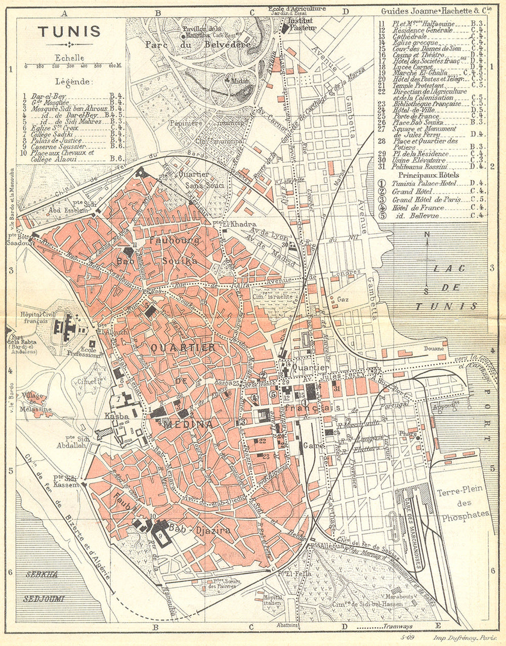 TUNISIA. Tunis 1909 old antique vintage map plan chart