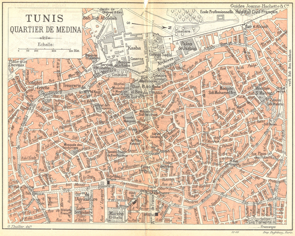 TUNISIA. Tunis. Quartier de Medina 1909 old antique vintage map plan chart