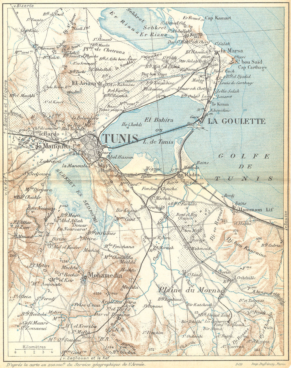 TUNISIA. Area de Tunis 1909 old antique vintage map plan chart