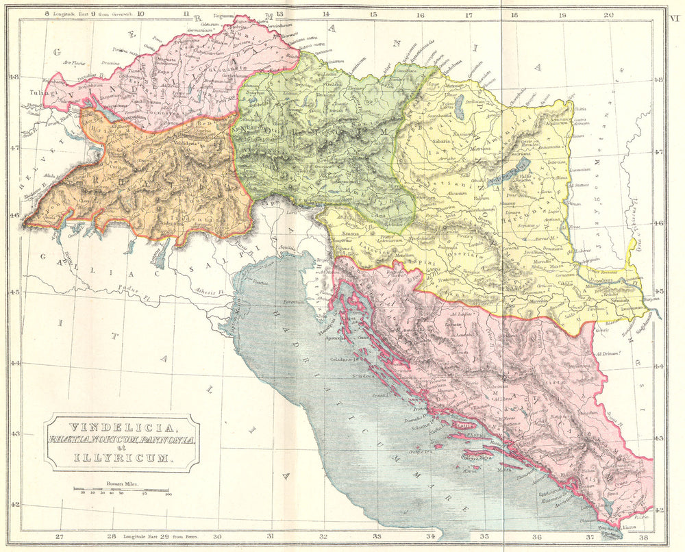 ILLYRICUM. Vindelicia, Rhaetia, Noricum, Pannonia 1908 old antique map chart