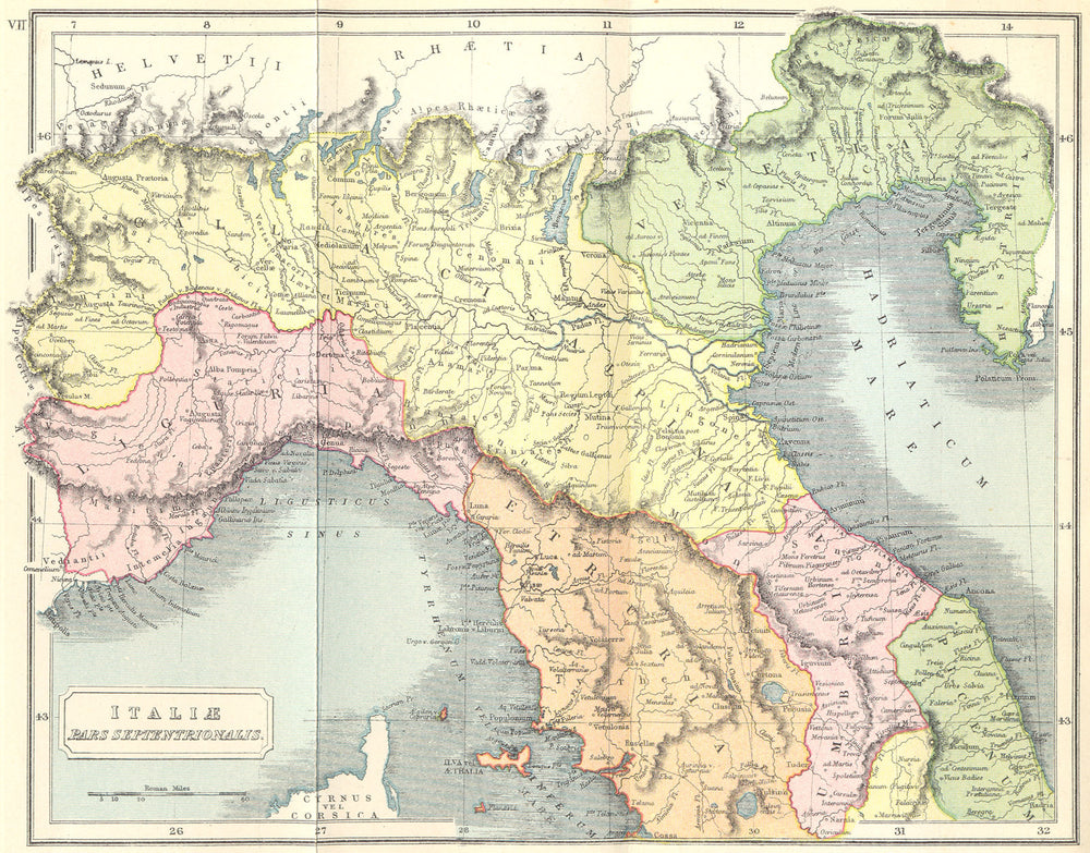 ITALY. Italiae Pars Septentrionalis Roman 1908 old antique map plan chart