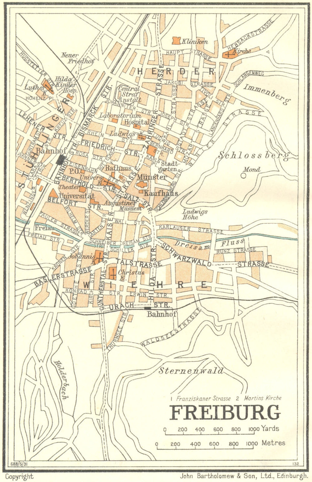 GERMANY. Freiburg 1931 old vintage map plan chart