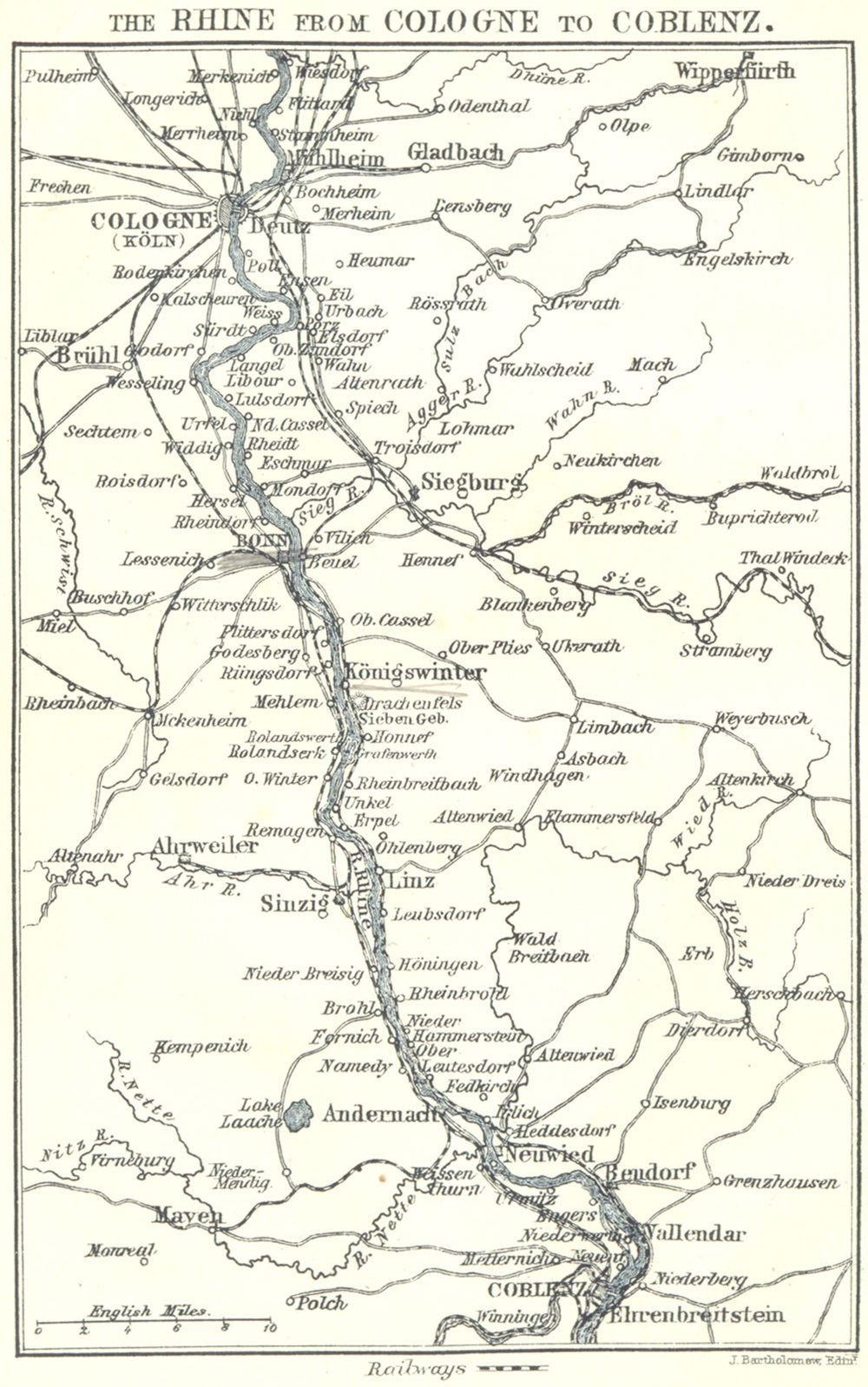 GERMANY. Rhine from Cologne to Coblenz 1910 old antique vintage map plan chart