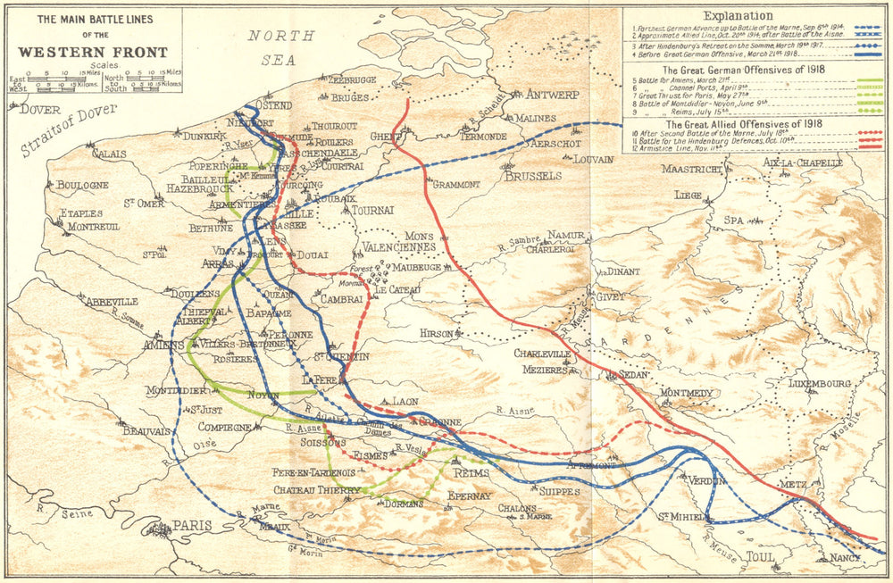 BELGIUM. Main Battle lines of western front. First World War. WW1 1924 old map