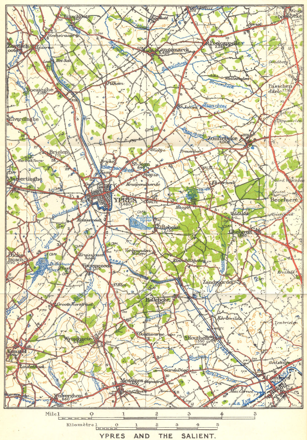 BELGIUM. Ypres & the salient. Western front. First World War 1924 old map
