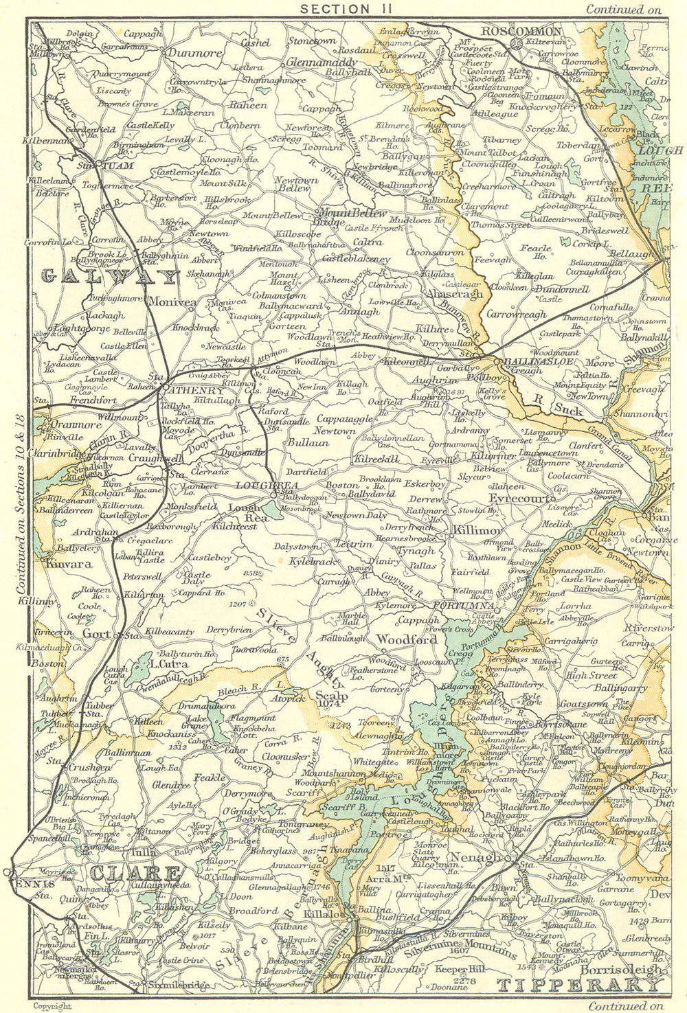 IRELAND. Parts of Tipperary, Galway & Clare 1912 old antique map plan chart