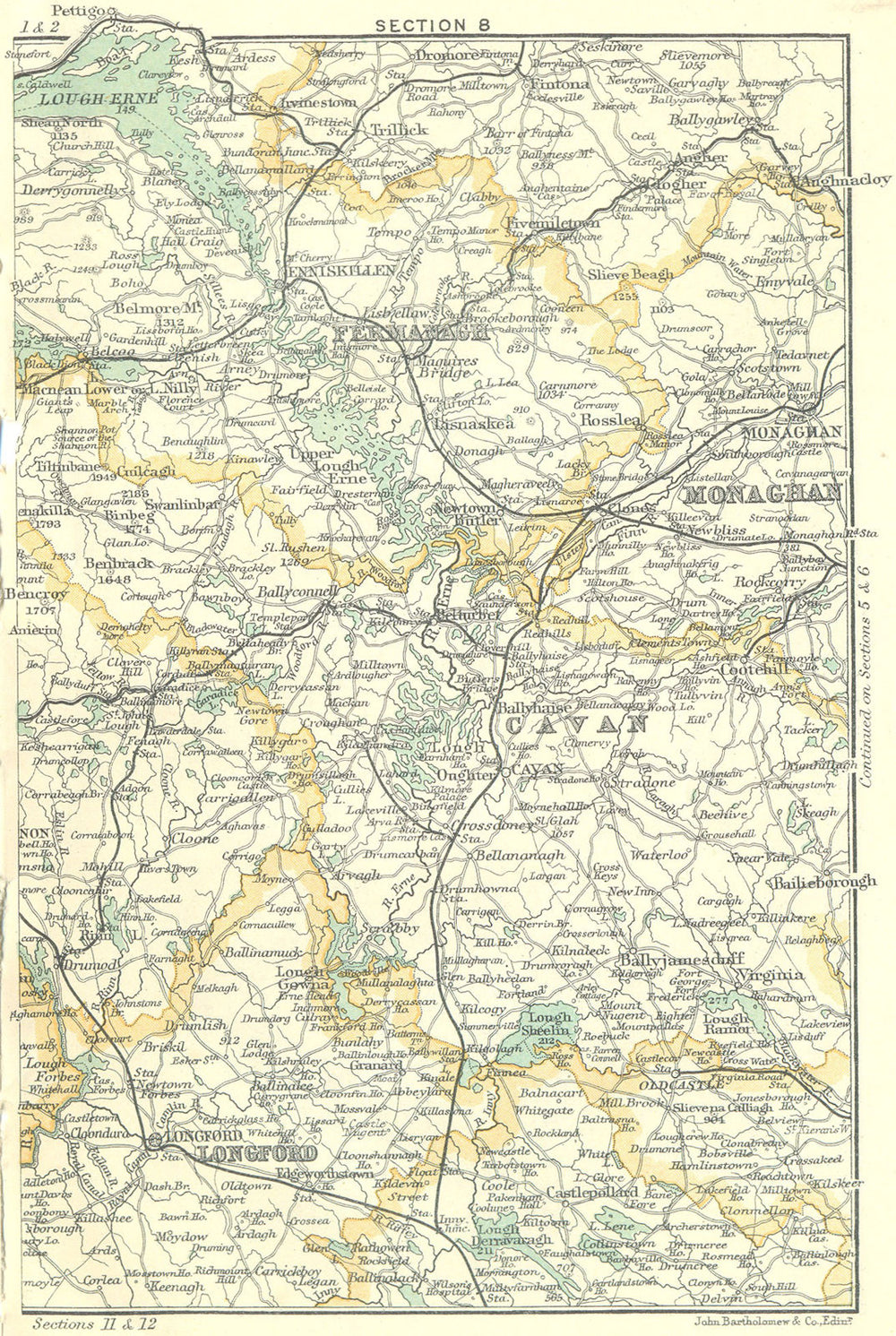 IRELAND. Parts of Cavan, Fermanagh, Longford & Monaghan 1912 old antique map