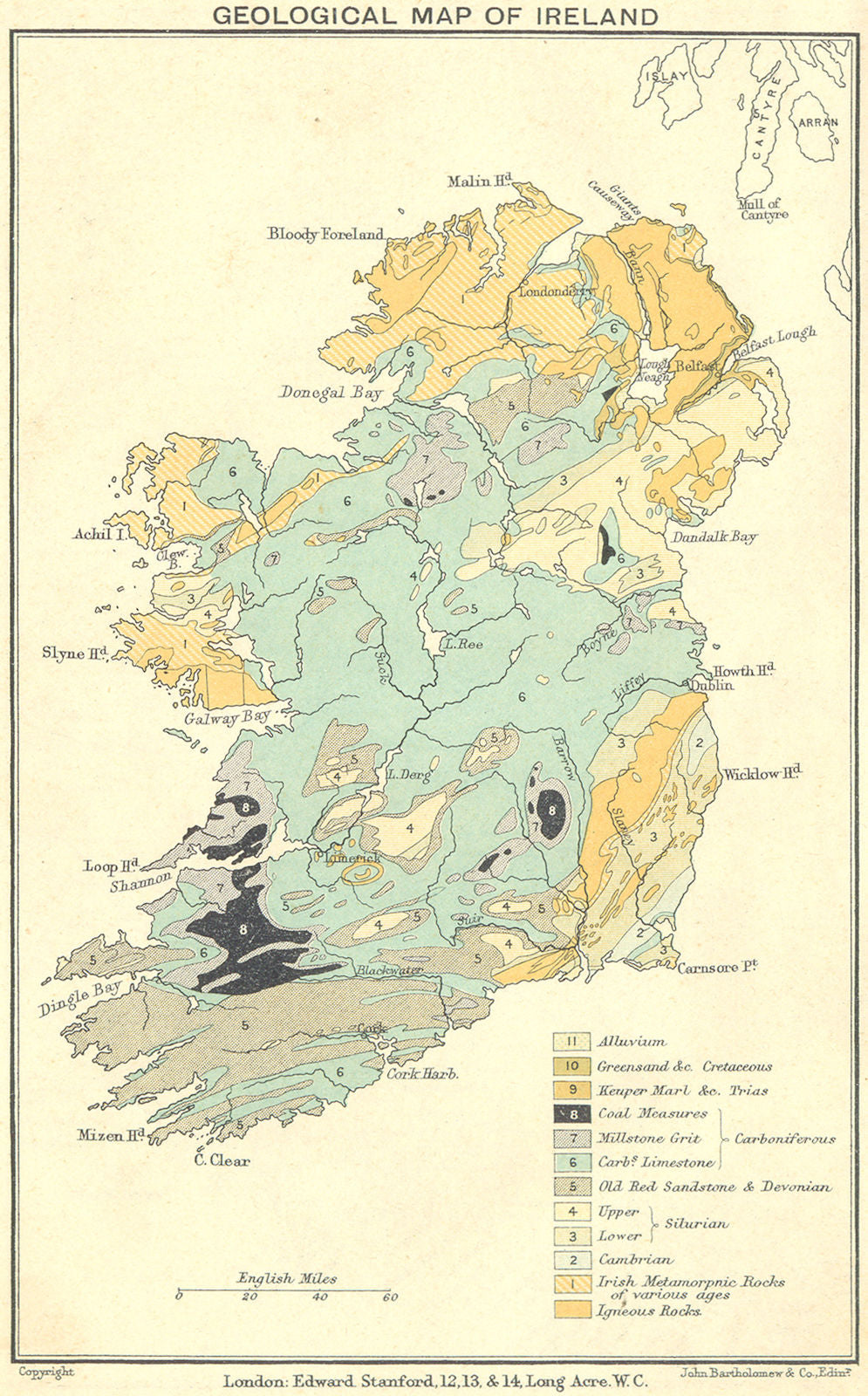 IRELAND. Geological map of Ireland 1912 old antique vintage plan chart