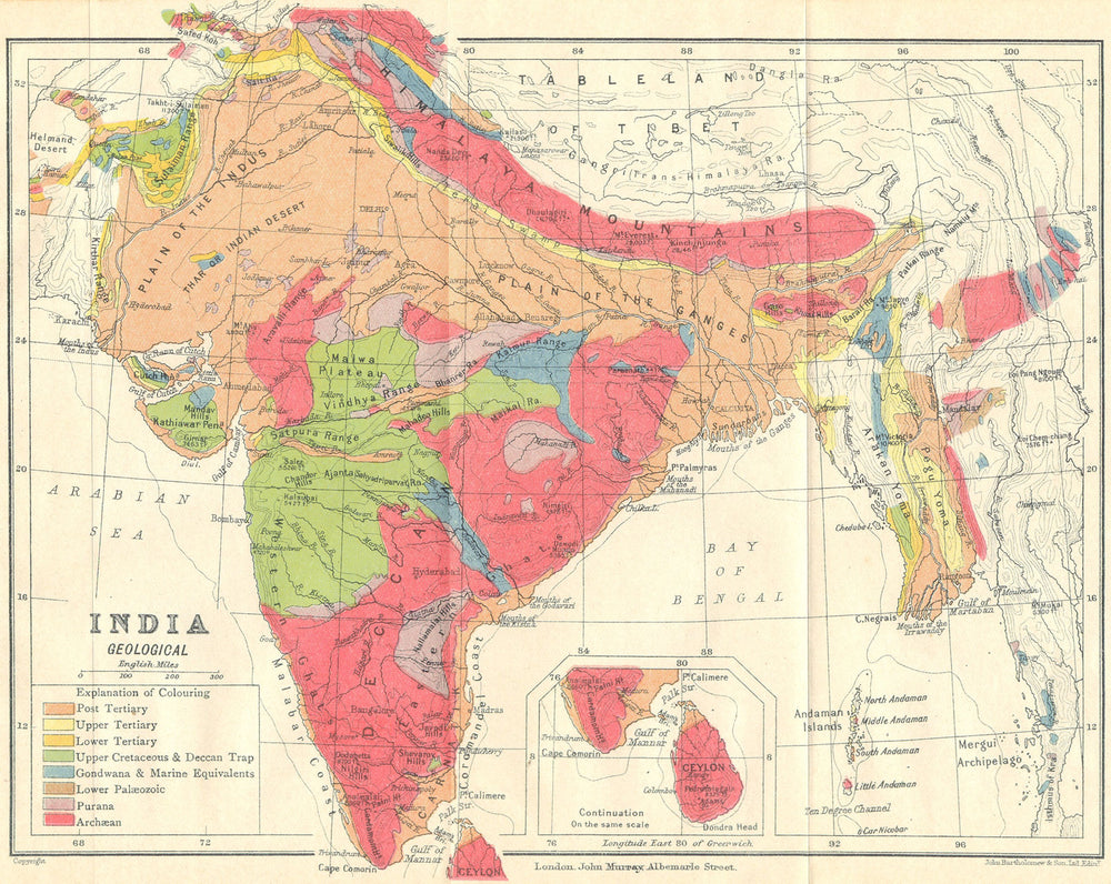 INDIA. Geological map. Tertiary Cretaceous Archaean Purana Gondwana 1924
