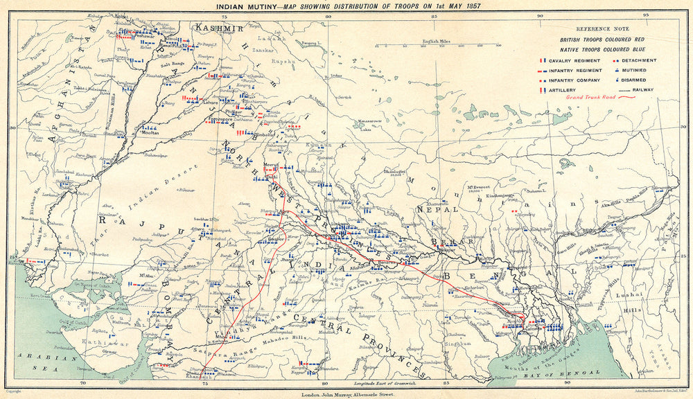 INDIAN MUTINY/REBELLION. British & native troop positions 1 May 1857 1924 map
