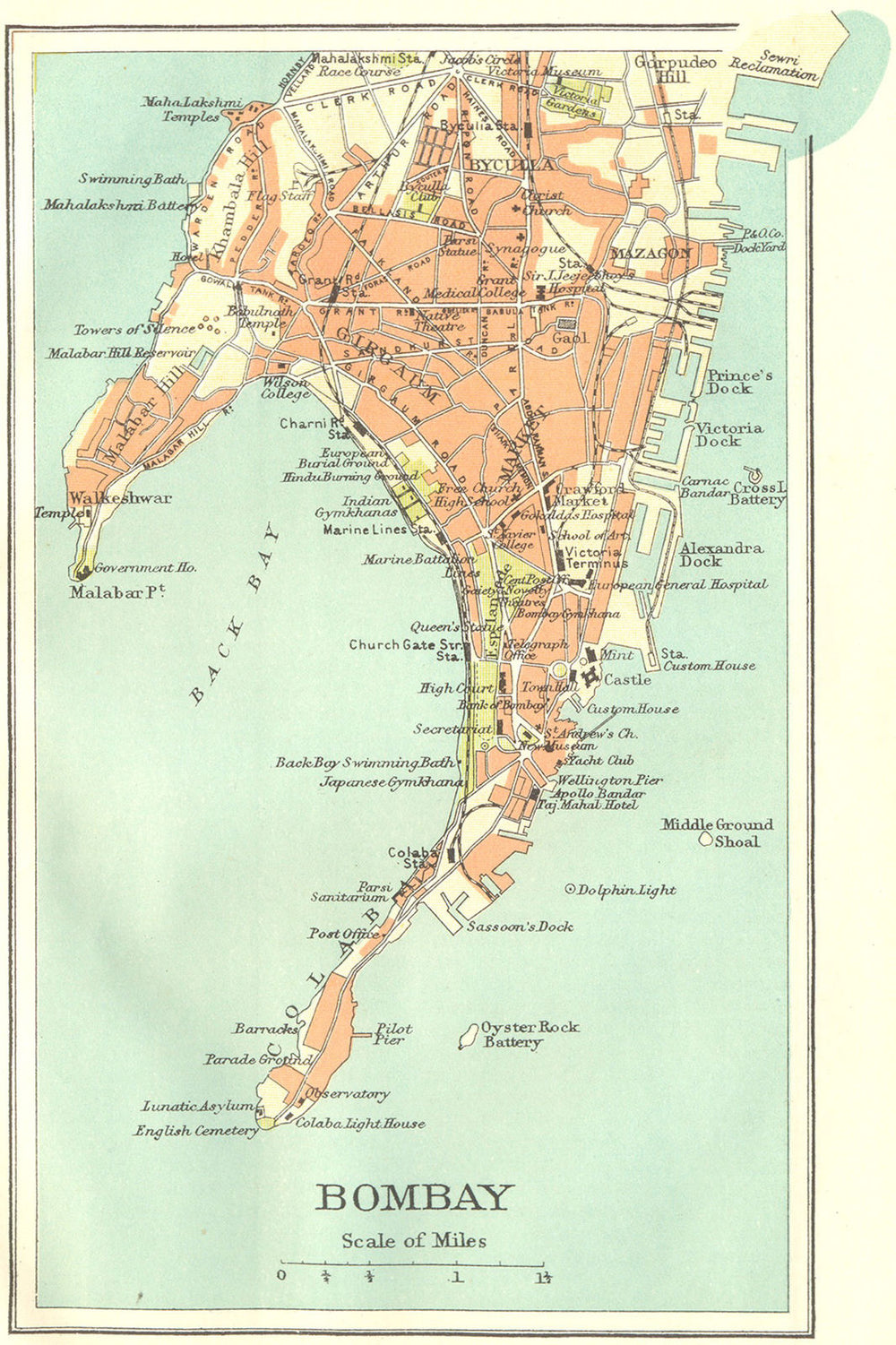 BRITISH INDIA. Bombay (Mumbai) city plan.Key buildings docks Gymkhanas 1924 map