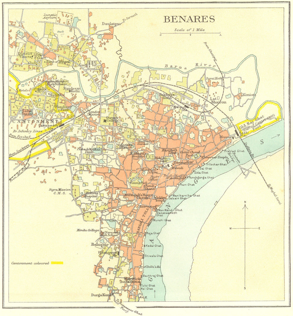 BRITISH INDIA. Benares (Varanasi)  city plan.Ganges temples cantonment 1924 map