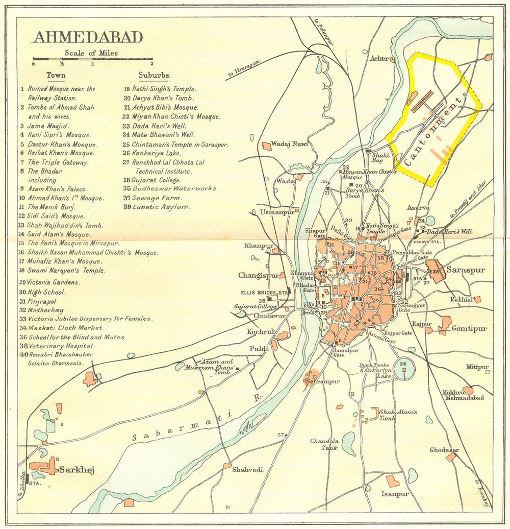 INDIA. Ahmedabad city plan. Palaces mosques temples tombs. Gujarat 1924 map