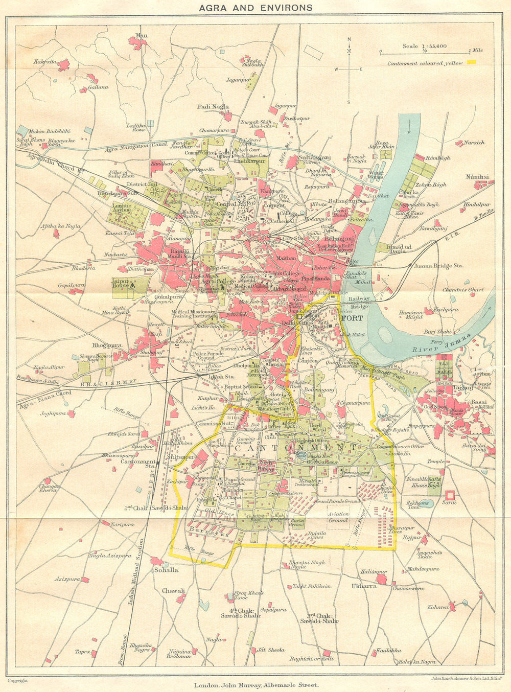 BRITISH INDIA. Agra & environs. Showing Cantonment, Fort & Taj Mahal 1924 map