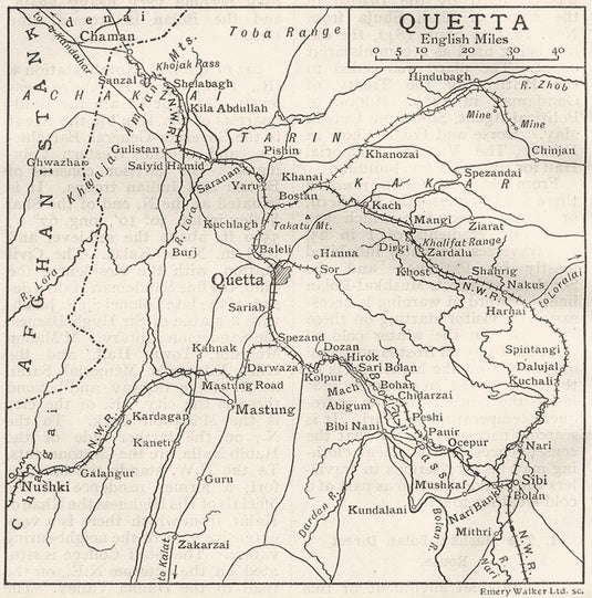Quetta Map Distict PAKISTAN. Quetta & environs sketch map. British India 1924 old antique ...