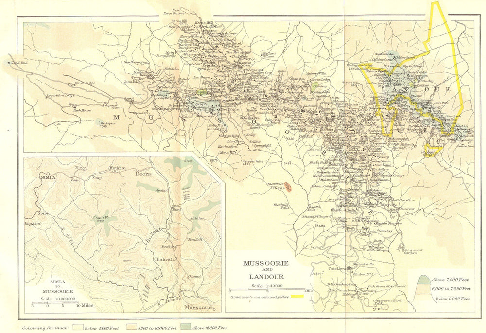 INDIA. Mussoorie hill station & Landour cantonment. Route to Simla. 1924 map