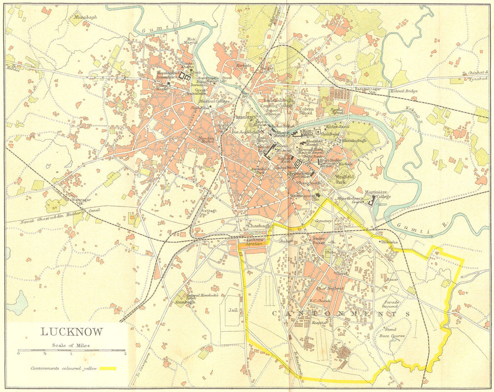 BRITISH INDIA. Lucknow city plan showing cantonment 1924 old antique map chart