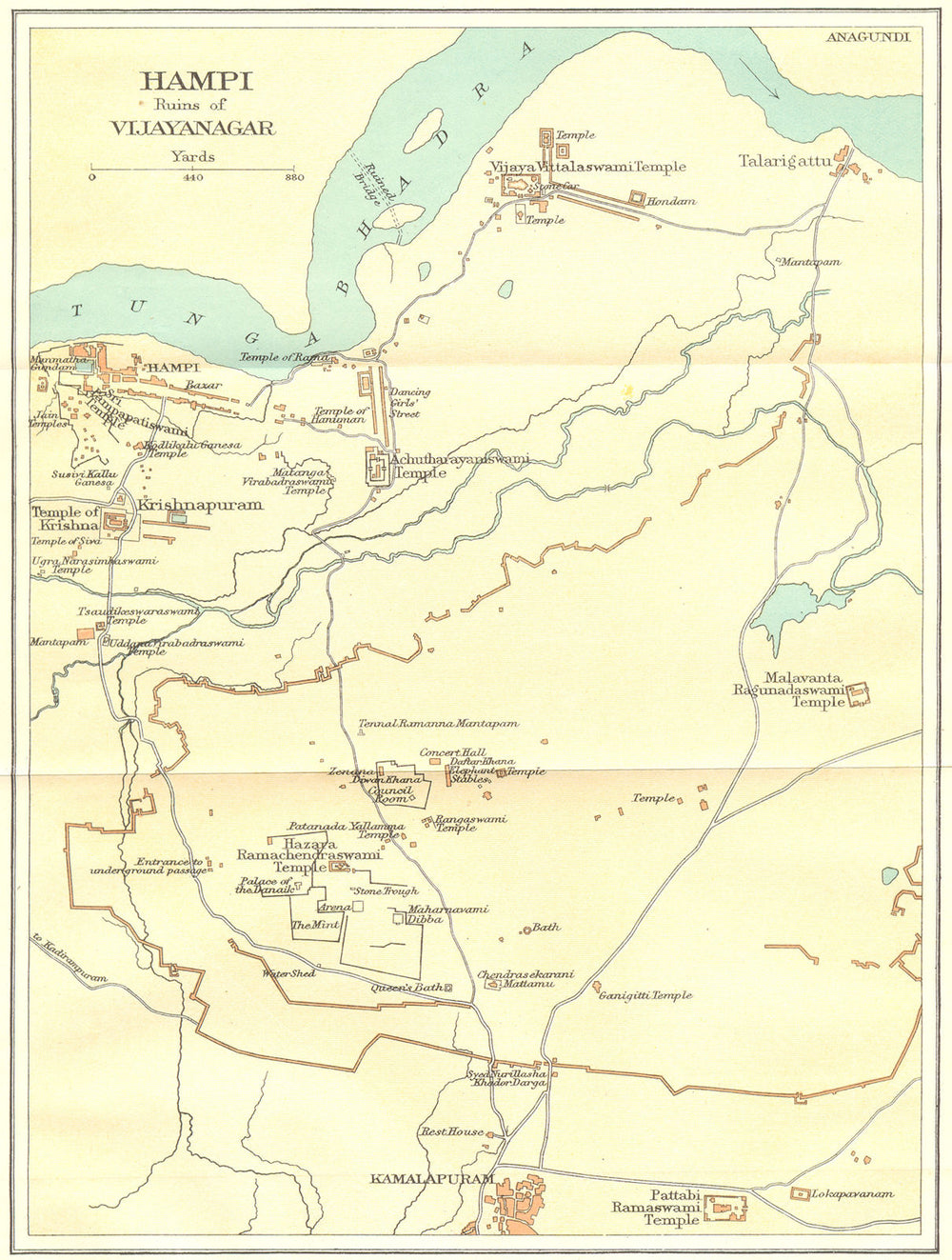 INDIA. Hampi ruins of Vijayanagar showing temples. Kamalapuram 1924 old map