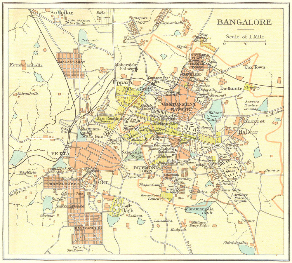BRITISH INDIA. Bangalore (Bengaluru) city plan.Petta.Cantonment bazaar 1924 map