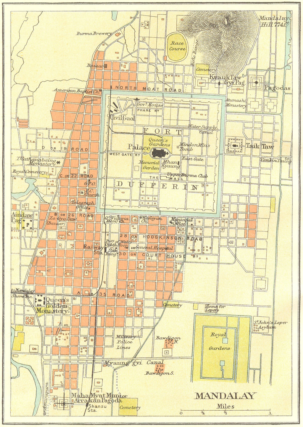 BRITISH BURMA. Mandalay city plan. Myanmar.Fort Dufferin Royal Gardens 1924 map