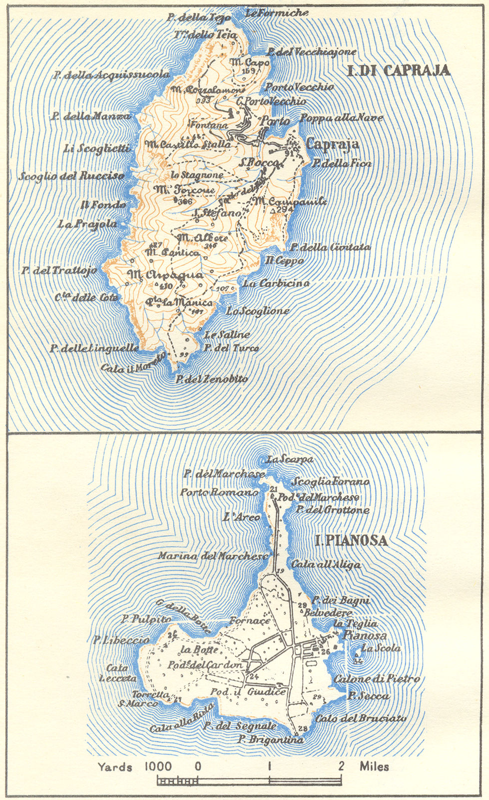 ITALY. Capraia & Pianosa 1945 old vintage map plan chart