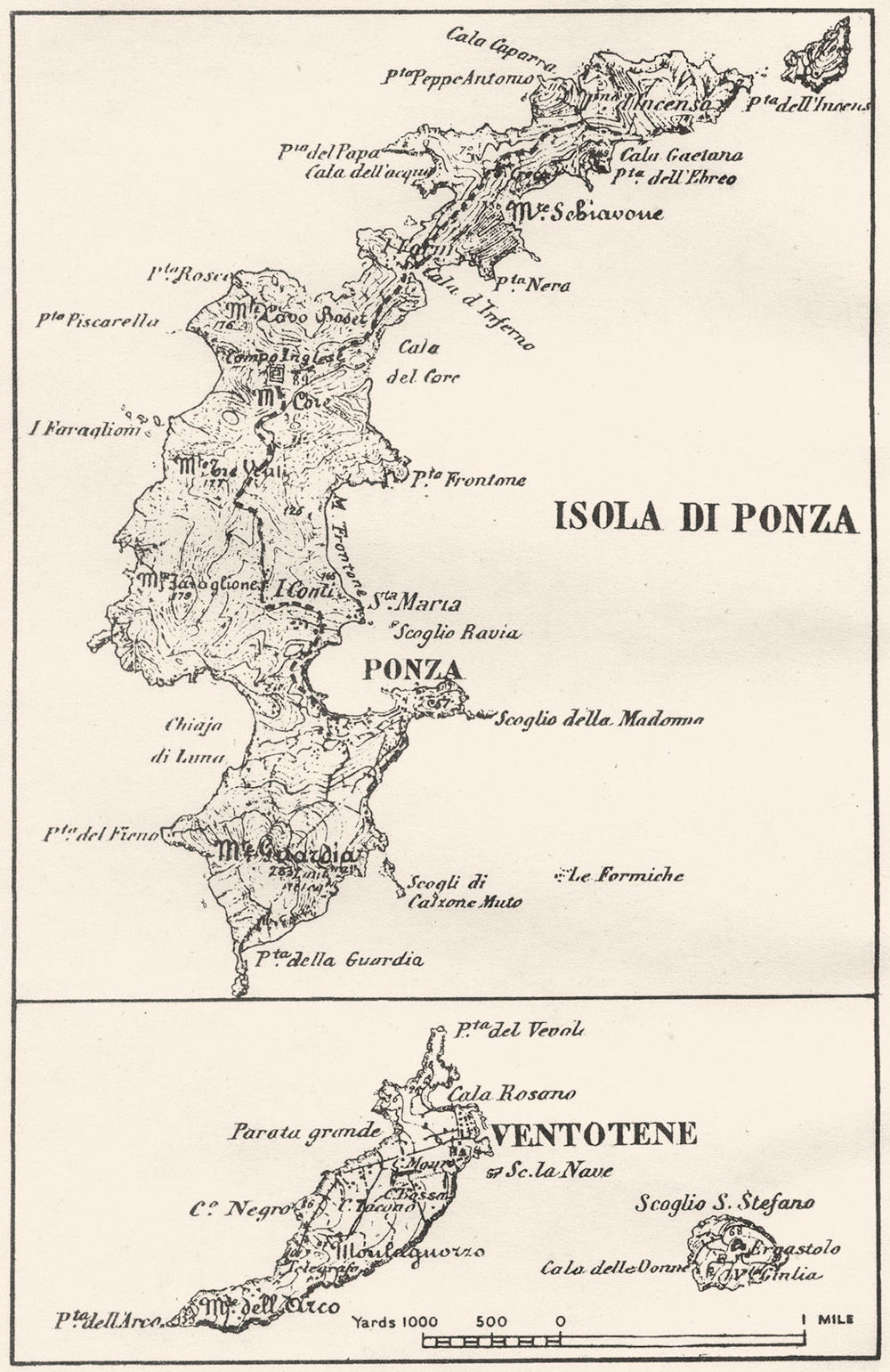 ITALY. Ponza & Ventotene 1945 old vintage map plan chart