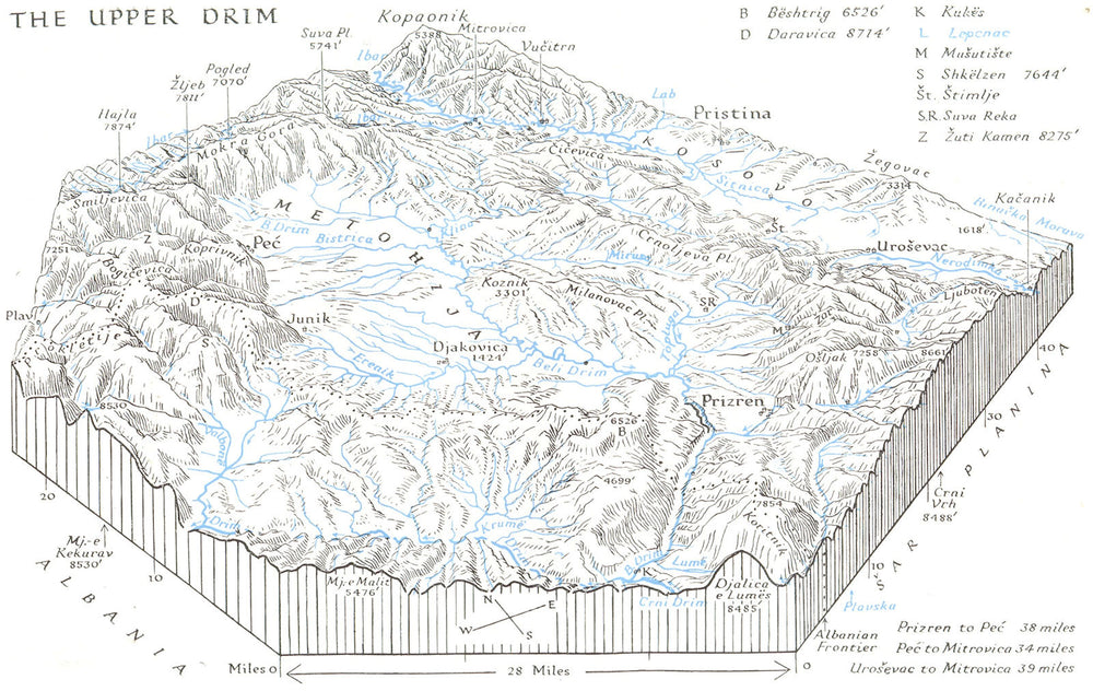 KOSOVO. Block diagram of Upper Drim & Metohija 1944 old vintage map plan chart