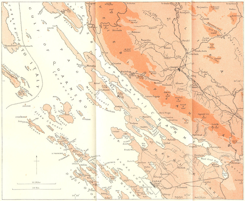 SLOVENIA. Velebit coast Primorje Zadar Pag 1944 old vintage map plan chart