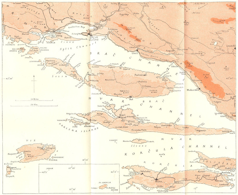 HVAR. island Brac, Korcula Vis, coasts Mainland 1944 old vintage map chart