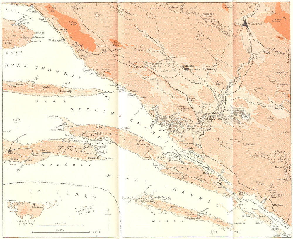 BIOKOVO. Coast delta Neretva Peljesac Peninsula 1944 old vintage map chart