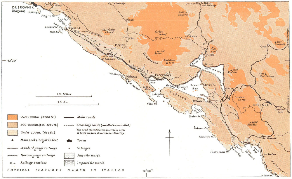 MONTENEGRO. Coasts of Kotor Region 1944 old vintage map plan chart