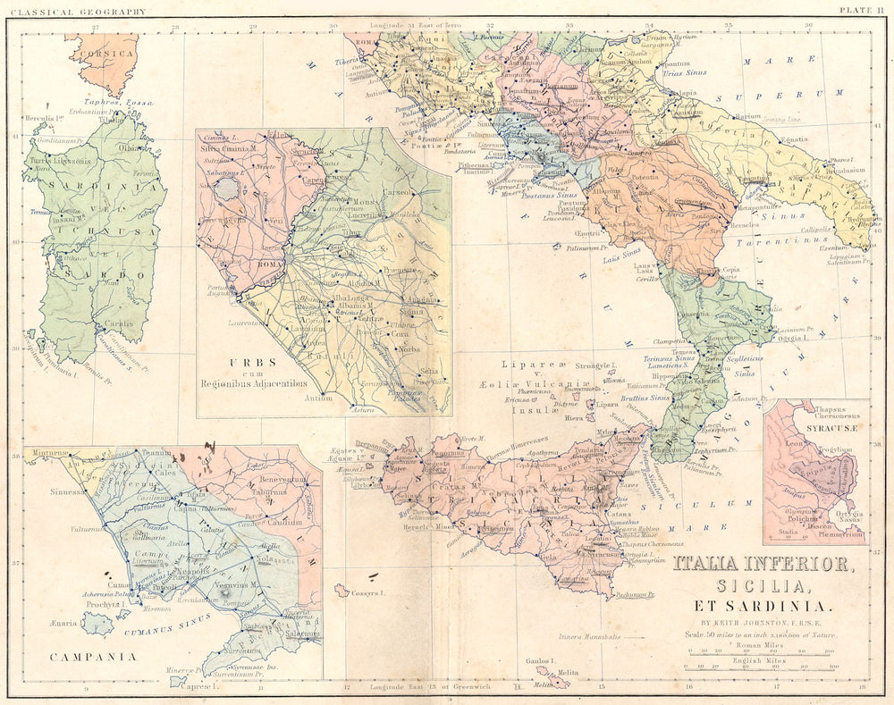 ITALY S. Sicily, Sardinia; Campania; Rome; Syracuse 1880 old antique map chart