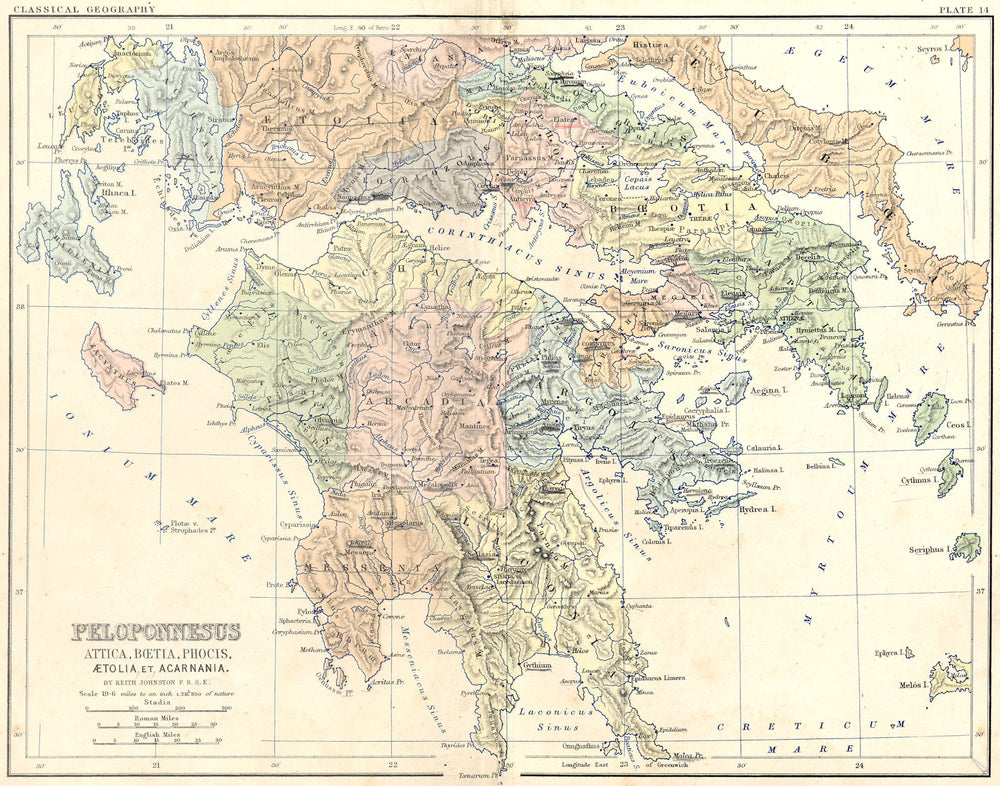 Peloponnesus. Attica, Boetia, Phocis, Aetolia 1880 old antique map plan chart