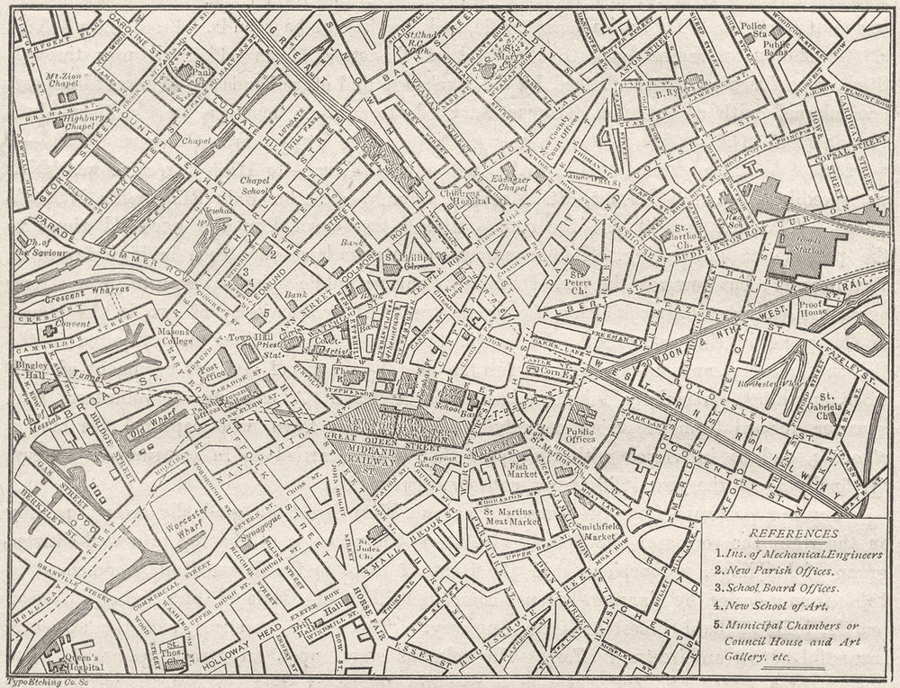 WARCS. Birmingham. Centre, sketch map 1898 old antique vintage plan chart