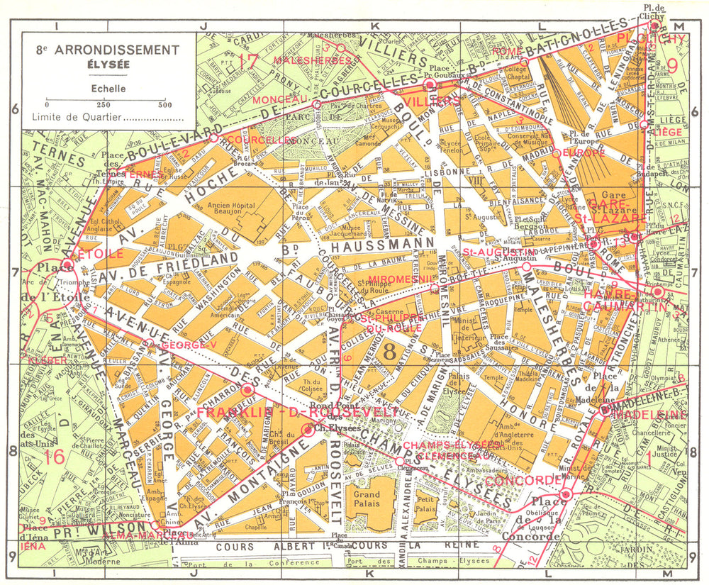PARIS. 8e Arrondissement Elysee 1920 old antique vintage map plan chart