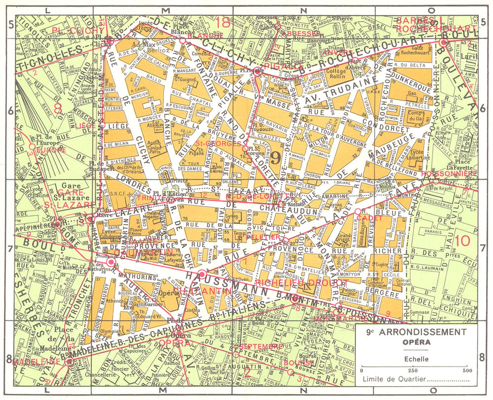 PARIS. 9e Arrondissement Opera 1920 old antique vintage map plan chart