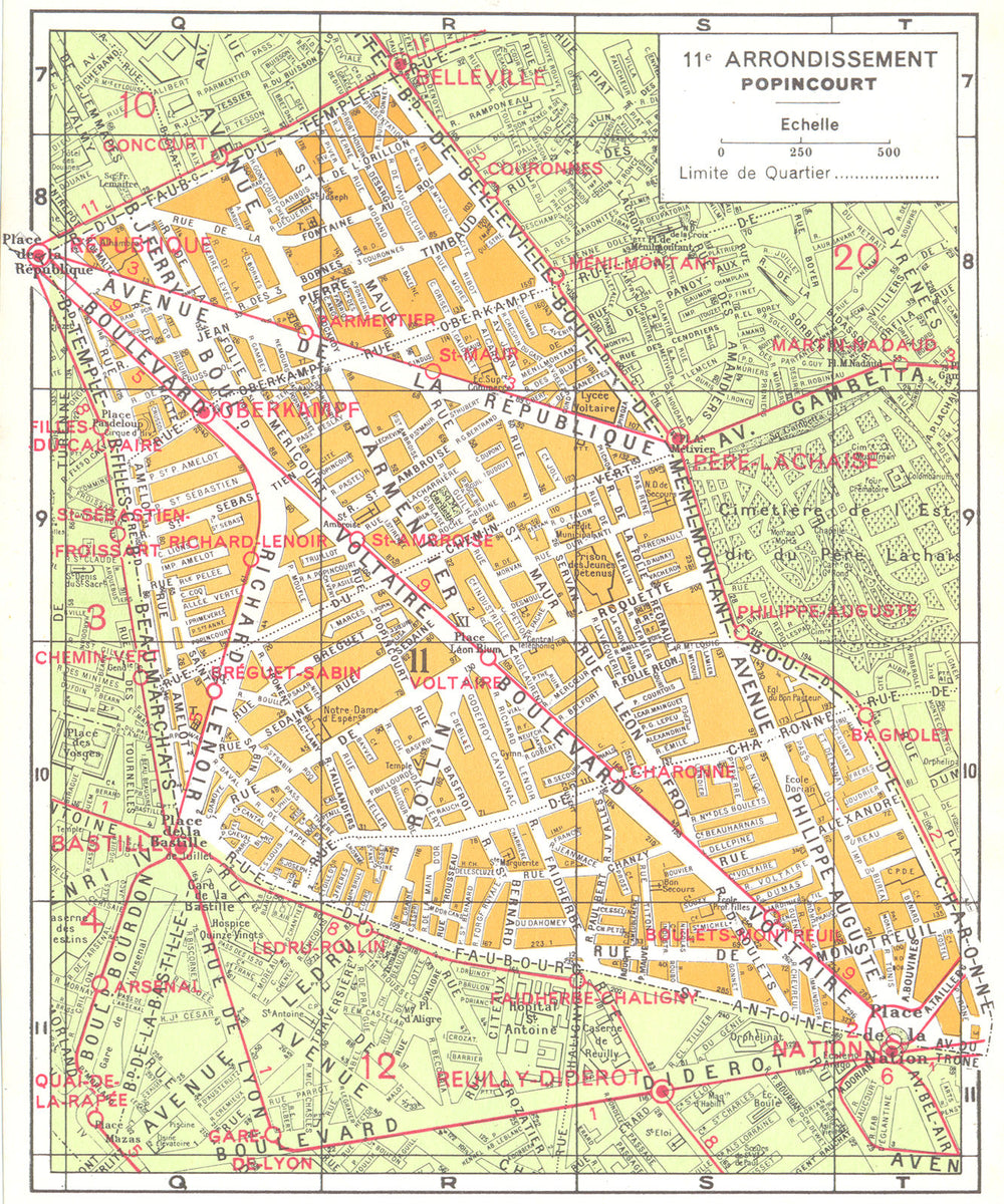 PARIS. 11e Arrondissement Popincourt 1920 old antique vintage map plan chart