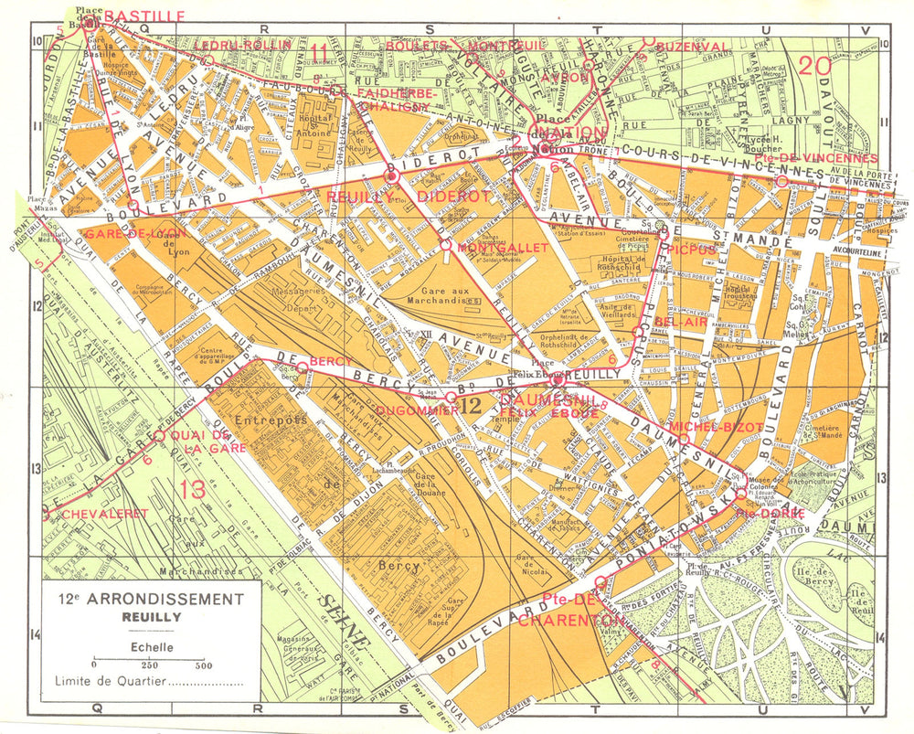 PARIS. 12e Arrondissement Reuilly 1920 old antique vintage map plan chart