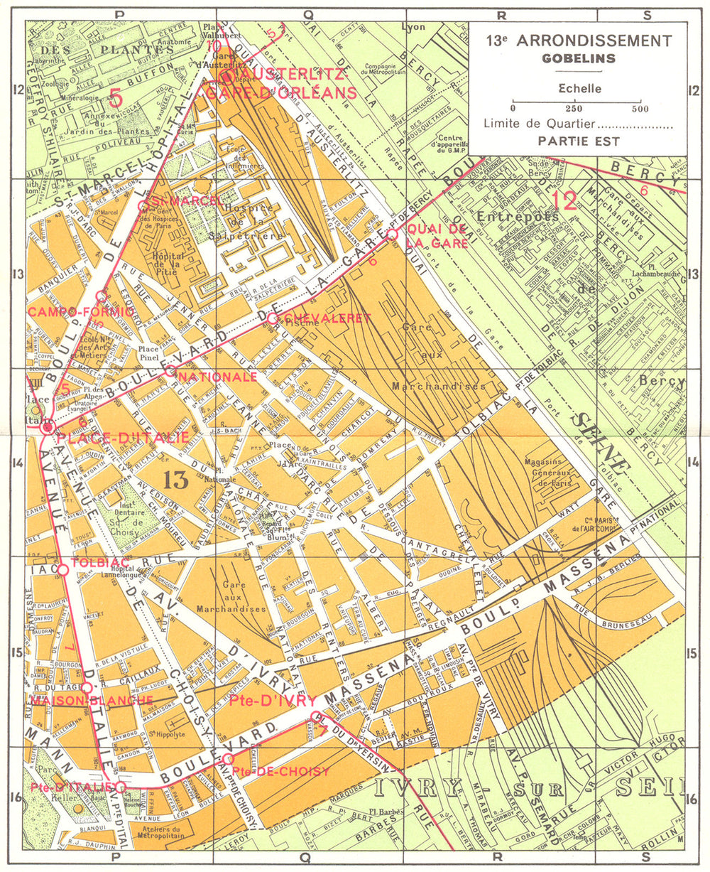PARIS. 13e Arrondissement Gobelins (2) 1920 old antique vintage map plan chart