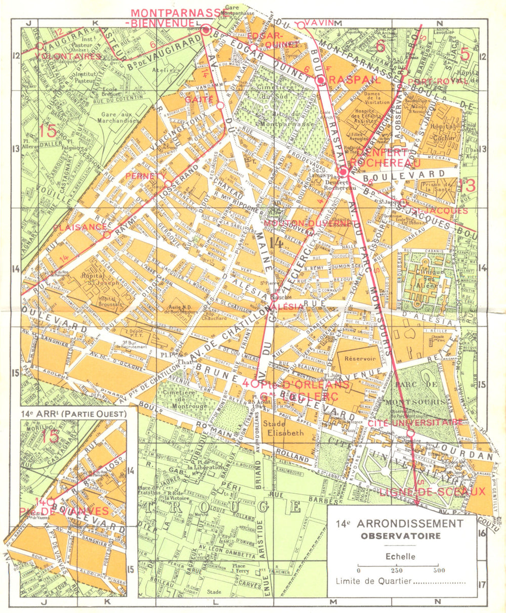 PARIS. 14e Arrondissement Observatoire 1920 old antique vintage map plan chart