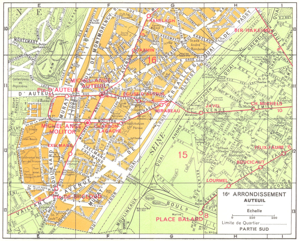 PARIS. 16e Arrondissement Auteuil 1920 old antique vintage map plan chart