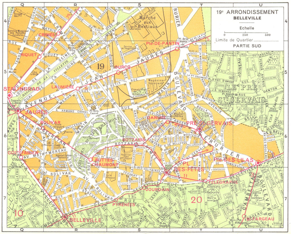 PARIS. 19e Arrondissement Belleville 1920 old antique vintage map plan chart