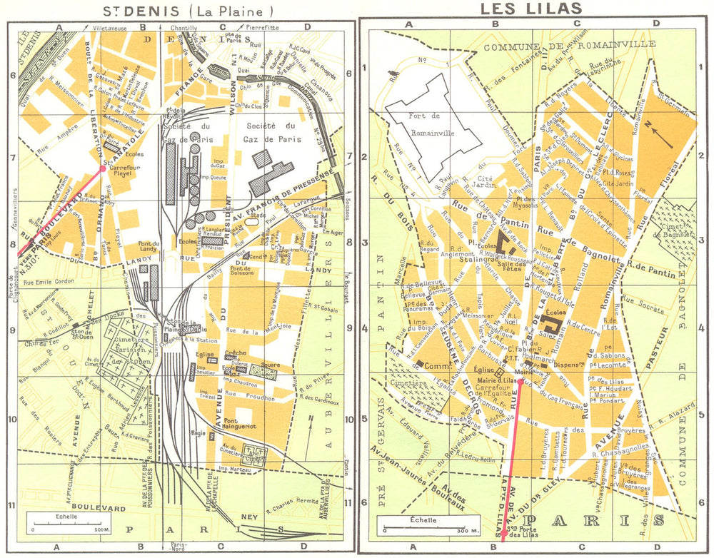 PARIS. St Denis(La Plaine); Les Lilas 1920 old antique vintage map plan chart