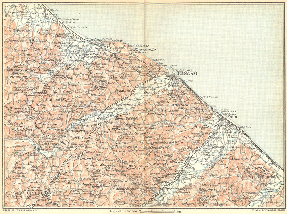 ITALY. Adriatic coast Rimini to Mondolfo. Cattolica Pesaro Fano Urbino 1924 map