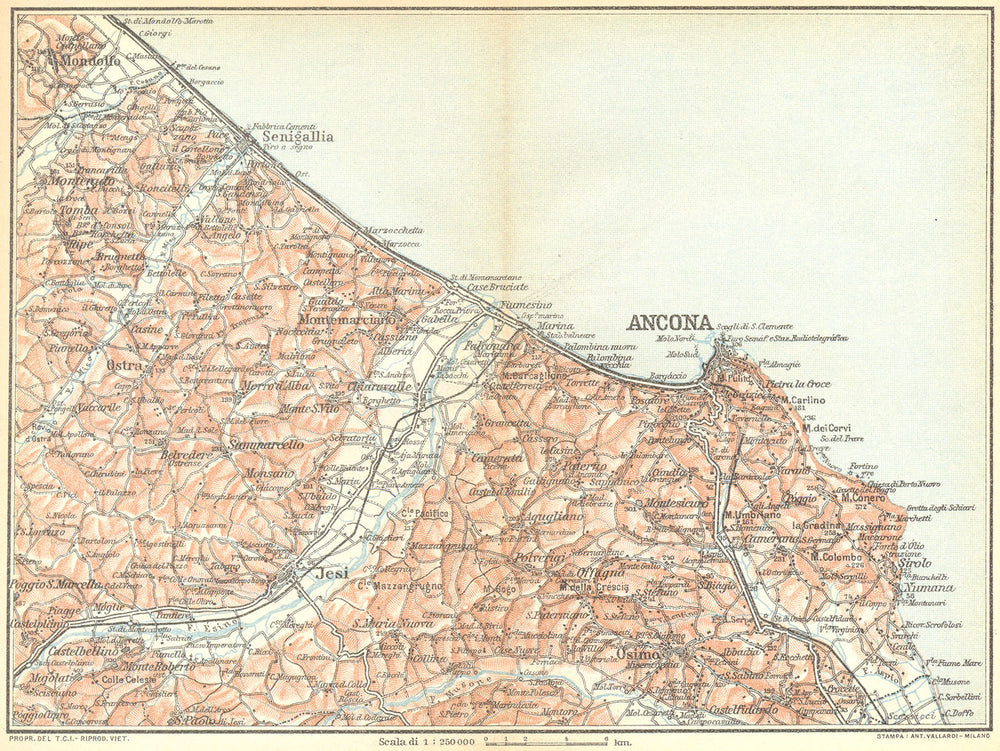 ITALY. Costa Adriatica Mondolfo Numana (Senigallia Ancona Jesi Osimo) 1924 map