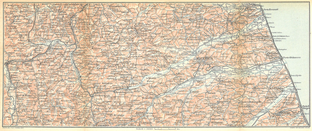 ITALY. Appennines Adriatic; Fabriano, Macecerata, Loreto, Fermo 1924 old map