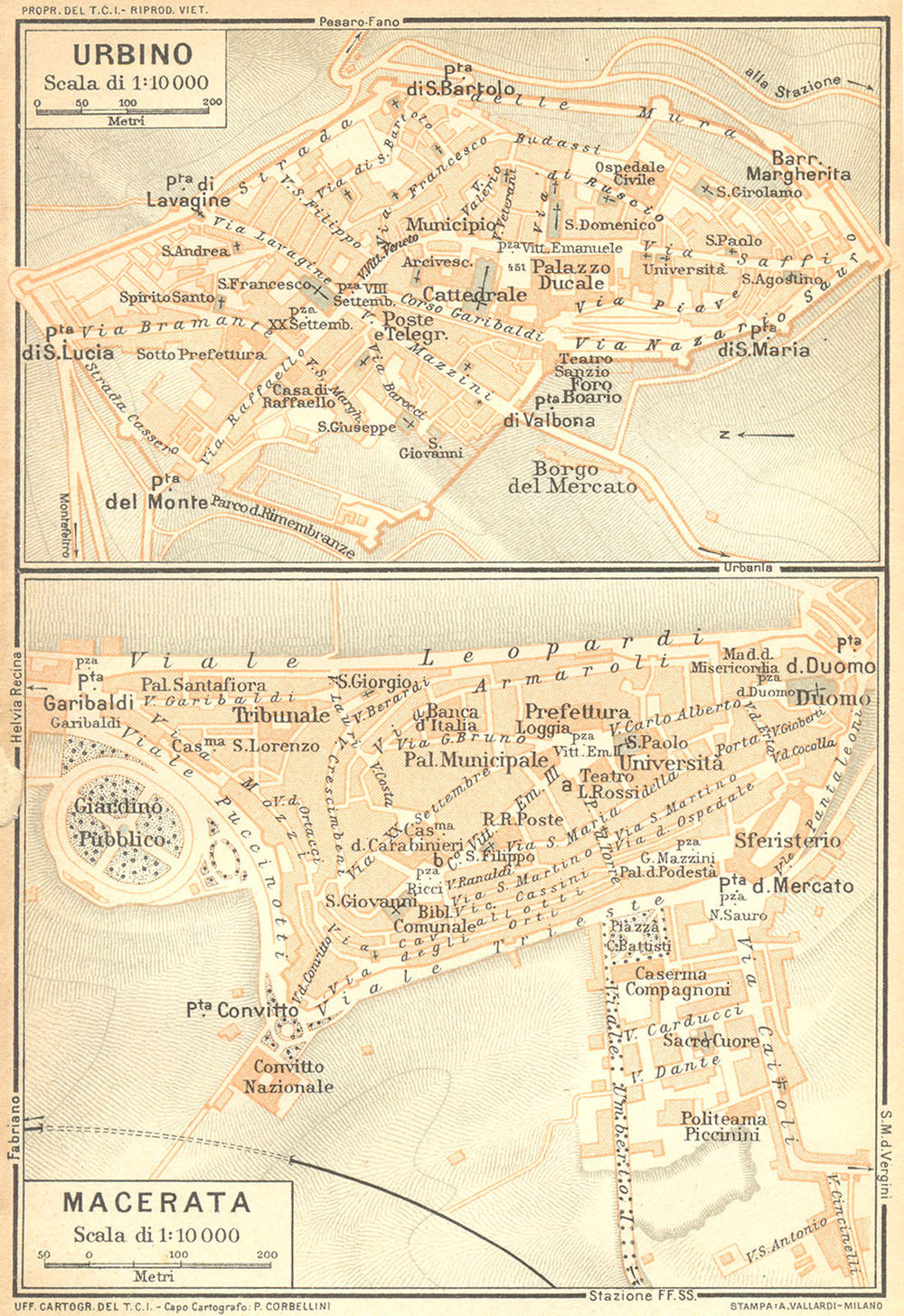 ITALY. Urbino; Macerata. Town plans 1924 old antique vintage map chart