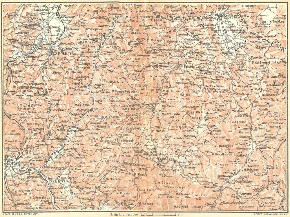 ITALY. L'Appennino fra Terni, Spoleto, Norcia e Leonessa 1924 old antique map
