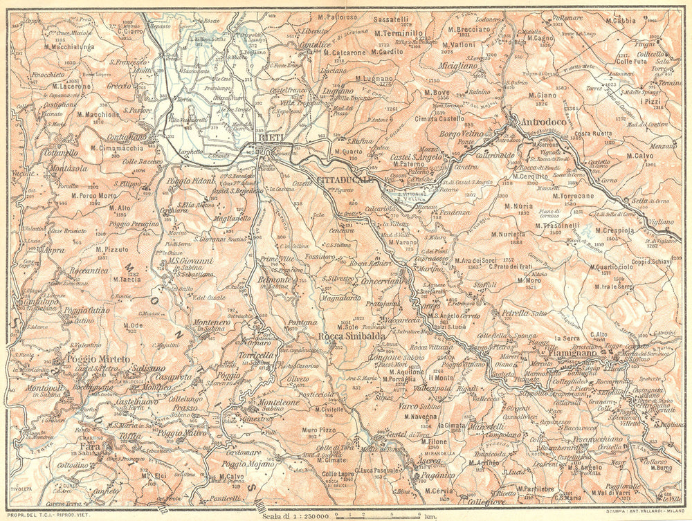 ITALY. Piano di Rieti, Sabina Settentr, valli Velino, Salto Turano 1924 map